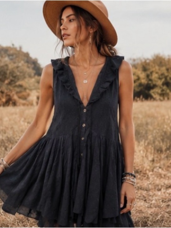 myrine & me Dresses & Skirts - Myrine & Me Embroidered Ruffle Collar Tiered Boho Mini Dress Tunic Sleeveless
